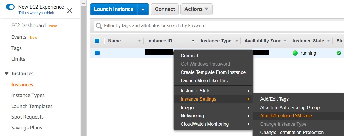 Screenshot of the AWS EC2 Instances console, showing a right-click menu with 'Attach/Replace IAM Role' selected