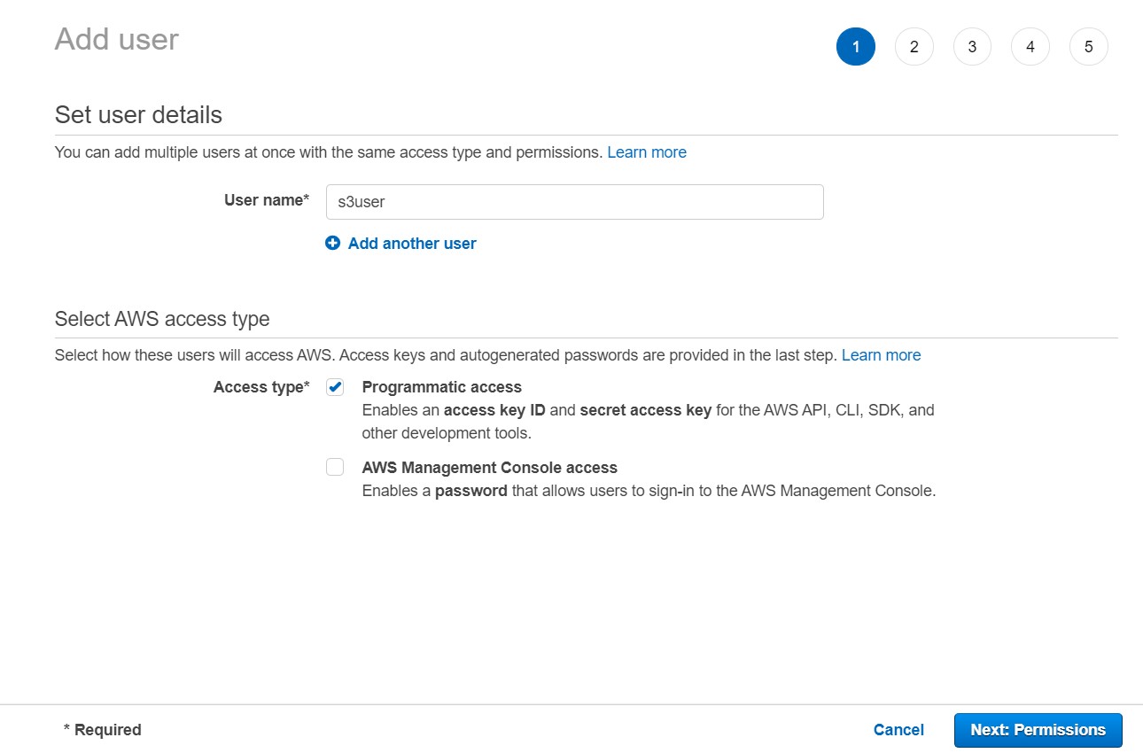 Screenshot of step one in the AWS 'Add User' wizard