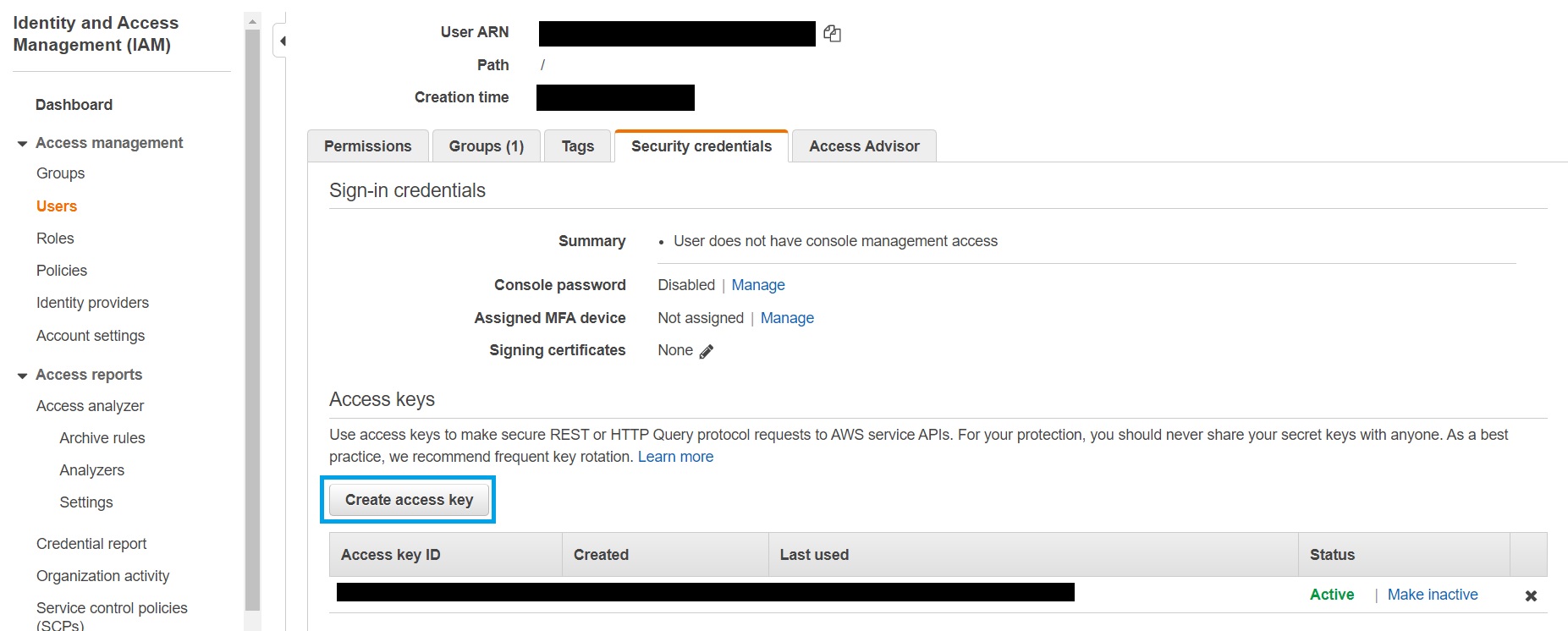 Screenshot of the AWS IAM console. The 'Create access key' button is highlighted.